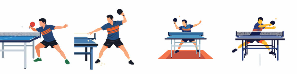 Fototapeta premium Professional Table Tennis Player Action Set: Collection of Four Flat Vector Illustrations Showing a Male Athlete in Various Dynamic Ping Pong Poses, Hits, and Game Moments on a Blue Court
