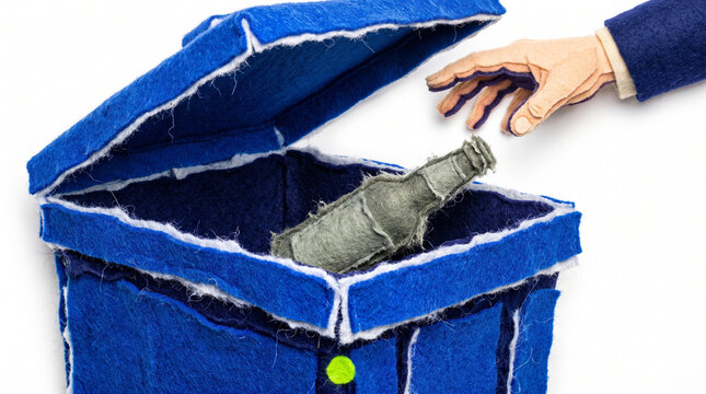 Hand placing empty glass beer bottle in blue recycling bin  