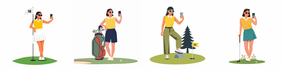 Set of Flat Vector Illustrations of a Young Woman Golfer Taking Selfies on a Golf Course; Stylish Female Characters Posing with Golf Clubs and Bags for Social Media Content
