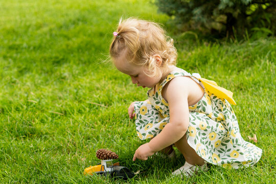 Toddler Girl Examines Toy Truck and Pine Cone
