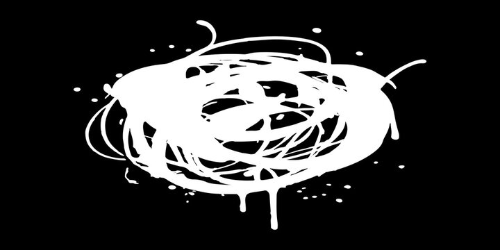 Messy circular spray paint scribble on black background with scribble graffiti splatter abstract isolated distressed background backdrop creative splashed spraypaint circular freehand