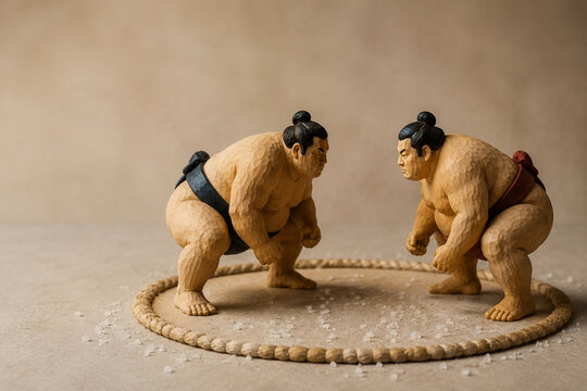 Hand-carved wooden sumo wrestler figurines with rope ring and salt grains, sumo culture and respect concept