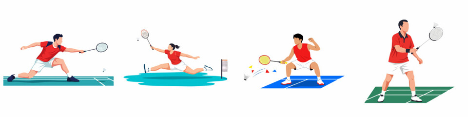 Set of Badminton Player Illustrations Featuring Men and Women in Dynamic Action Poses, Hitting Shuttlecock, Jumping, and Serving on Colorful Court Mats, Minimalist Vector Sports Graphics