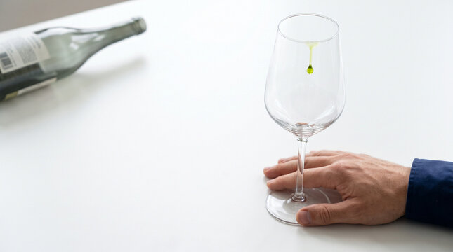 Empty wine glass on table with hand resting beside it  