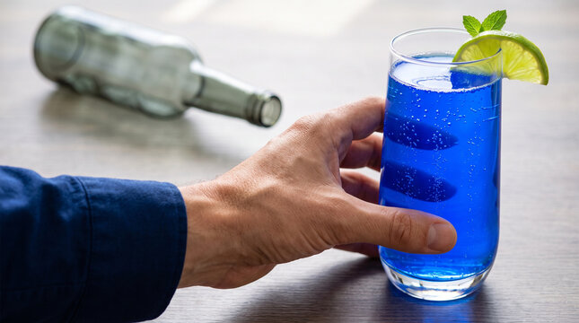 Hand reaching for a blue non-alcoholic beverage with lime garnish  