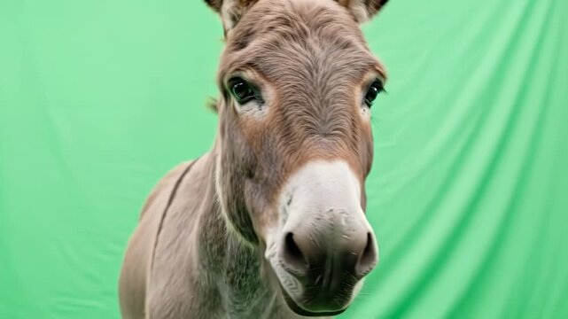 A close up portrait of a brown donkey against a vibrant green background
