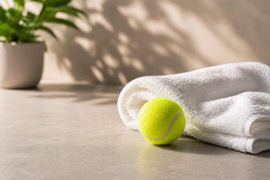 Tennisball mit Handtuch im modernen Sport Stillleben