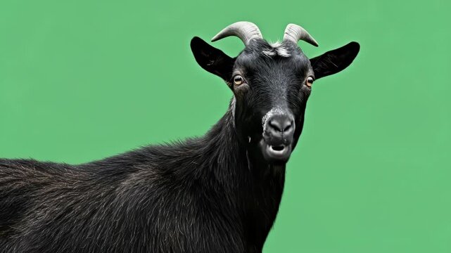 A close portrait of a black goat isolated against a solid green background