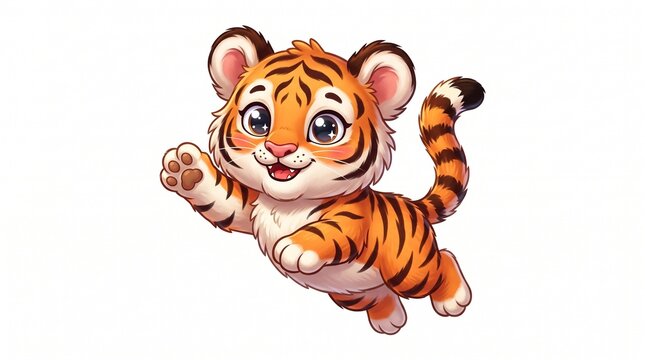 A cute cartoon baby tiger with bright orange fur, black stripes, big sparkly eyes, and rosy cheeks. Mid-jump with one paw waving and a happy smile, white background.