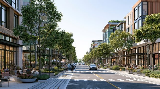Modern Urban Residential Street with Trees, Sidewalks, and Local Commerce