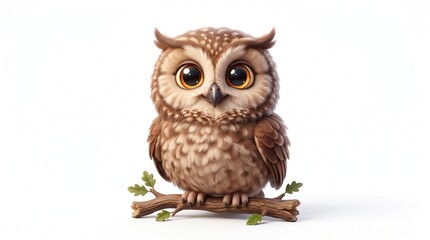 Obraz premium A cute fluffy cartoon baby owl with big golden eyes, brown spotted feathers, and tiny ear tufts. Perched on a small branch with green leaves, white background.