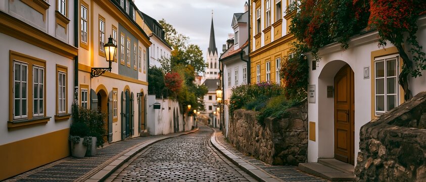 Charming cobblestone alleyway bathed in golden lantern light, flanked by vibrant