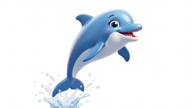 A cheerful cartoon dolphin with glossy blue and white skin jumping out of water. Big expressive eyes, smiling, with splashes and bubbles around it on a white background.
