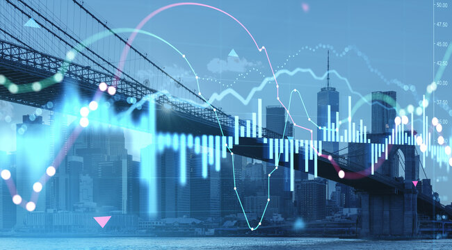 New York Manhattan skyline and bridges with colorful financial graph, chart, forex, stock exchange and crypto market rise concept for future invest.