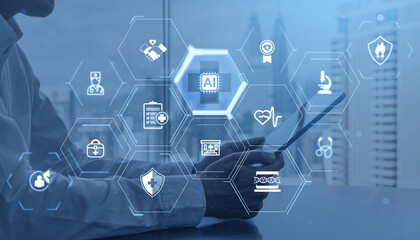 Fototapeta na wymiar Medical technology drawing with hologram healthcare icons, docto