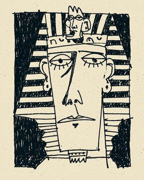 Hand Drawn Ink Illustration of Pharaoh Portrait with Striped Headdress