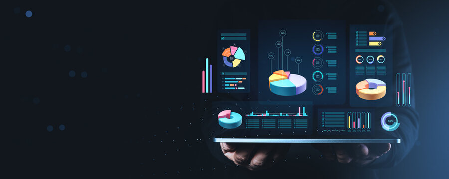 Holographic business analytics dashboard with colorful charts, floating data panels, and hands presenting digital insights for strategy concept.