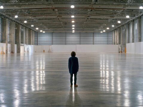 Person Standing Alone in Spacious Empty Industrial Warehouse with High Ceiling