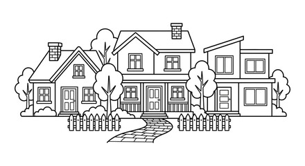 Fototapeta premium Detailed house facade with picket fence and landscaping is a black silhouette