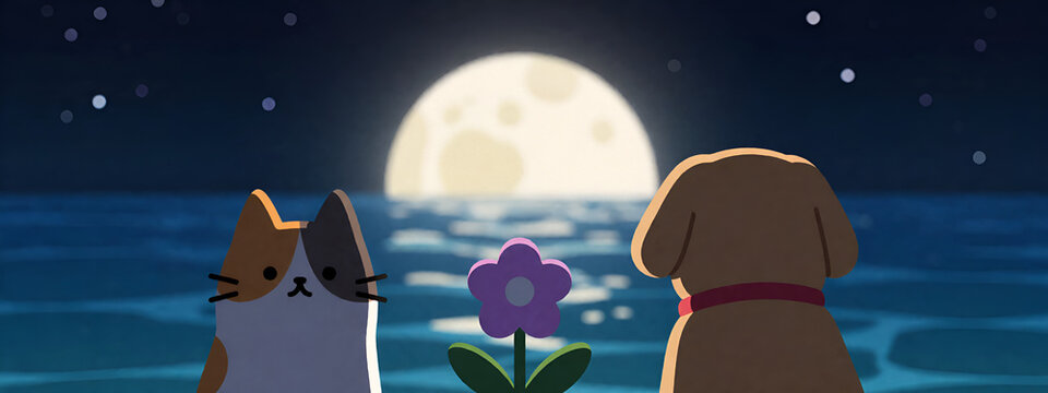 Gatto, cane e un fiore davanti al mare illuminato dalla luna &ndash; illustrazione romantica notturna