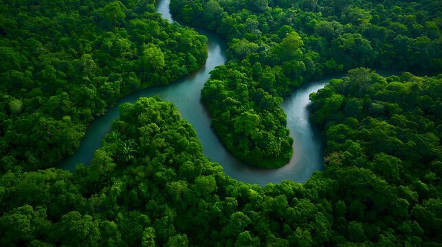 Lush green forest surrounds winding river