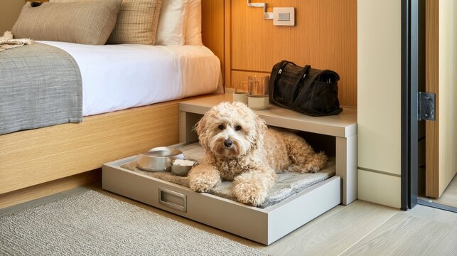 Adorable Goldendoodle lying in its food dish next to bed in modern hotel room