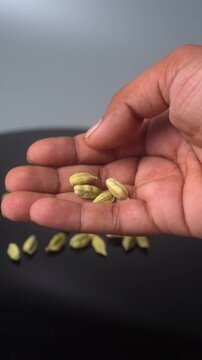 A close up view of a hand releasing aromatic green cardamom pods on a dark, reflective surface, perfect for culinary and spice-related projects