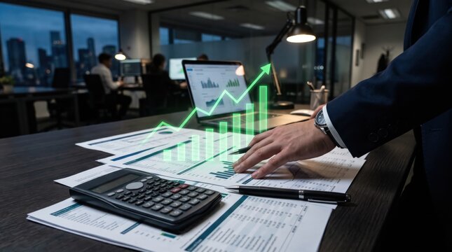 Financial analyst reviewing growth chart and documents in office at night, business success and profit increase, accounting tax calculation, stock market investment analysis
