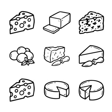 A collection of various types of cheese illustrated in a simple black and white doodle style.