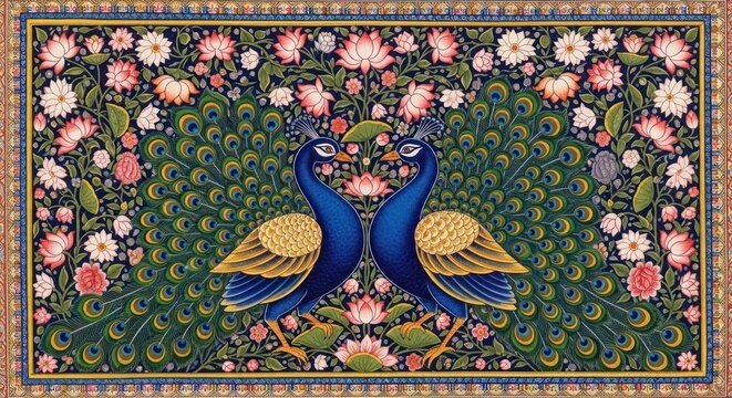 Exquisite Mughal Miniature Painting of Two Peacocks Amidst Floral Splendor.