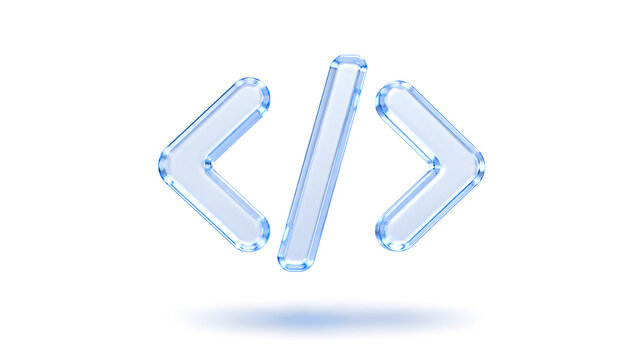 3D render of a glass code bracket symbol representing software development and programming.