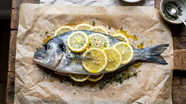 Fresh whole sea bream fish prepared with lemon slices and herbs on rustic parchment paper background