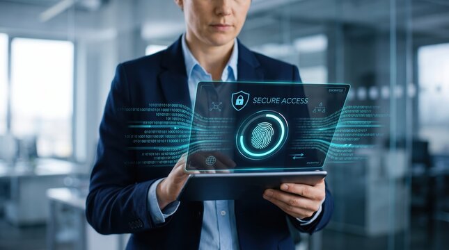 Secure access biometric fingerprint authentication technology on futuristic holographic screen interface, cybersecurity identity verification with digital data protection