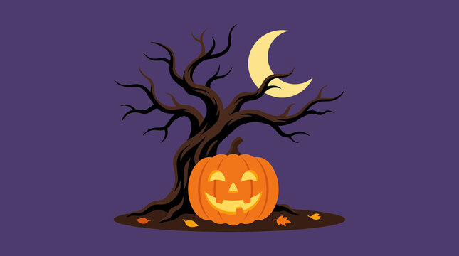 Halloween jack-o-lantern under a spooky gnarled tree with moon