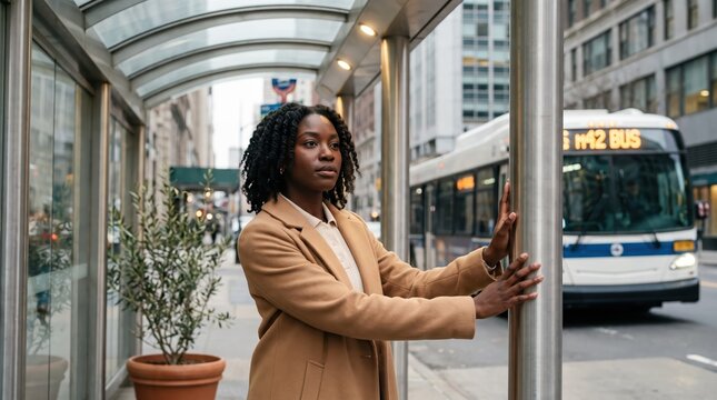 Generative AI, Black professional woman waiting at a city bus stop during commute
