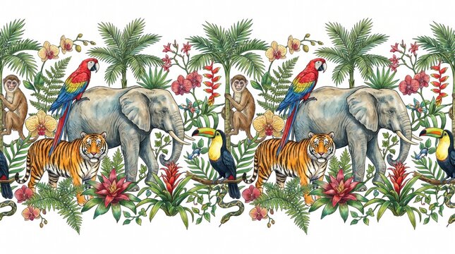 Modern flat design jungle animal seamless border with stylized palm trees and colorful tropical blossoms