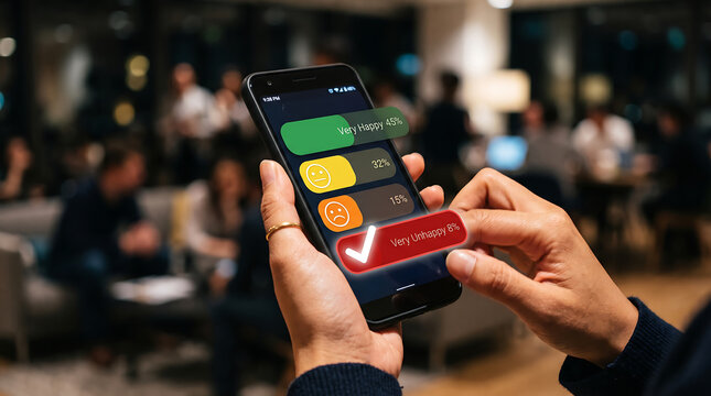 Hands holding a smartphone displaying a mood tracking app with percentage indicators for very happy neutral and unhappy feelings in a cafe