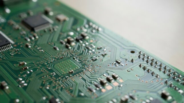 Close-Up View of Intricate Circuit Board with Fine Details and Patterns