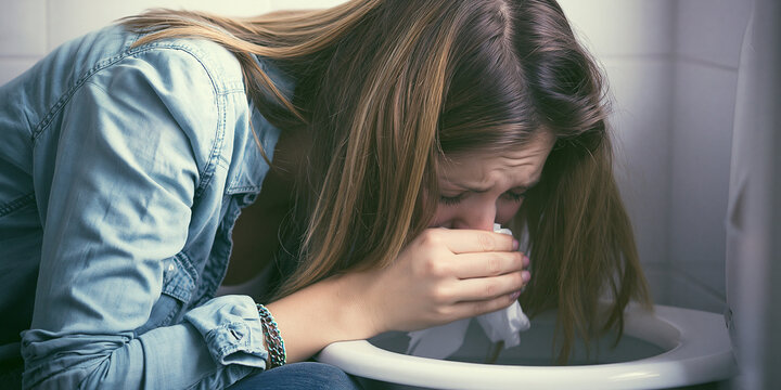 A young woman feeling sick and vomiting into a toilet bowl. Her face is contorted in discomfort and she is holding a tissue to her nose