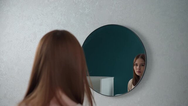 Caucasian coach rehearsing grammar speech mirror, adjusting tone and facial expression while prepping for presentation, teal backdrop and round mirror reflecting focused gaze, home practice session