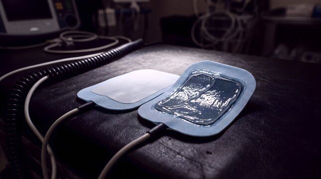 Medical defibrillator pads on hospital stretcher, emergency cardiac equipment, life-saving external electrode pads for heart resuscitation