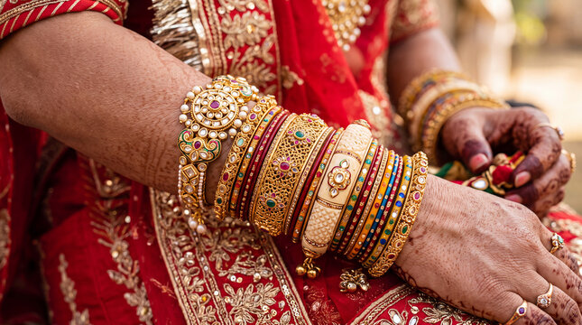 Rajasthani bride wearing colorful traditional bridal bangles and gold bracelets
