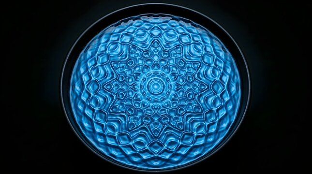Cymatic water ripples in blue light, geometric liquid sound frequency pattern, abstract circular wave vibrations on black background