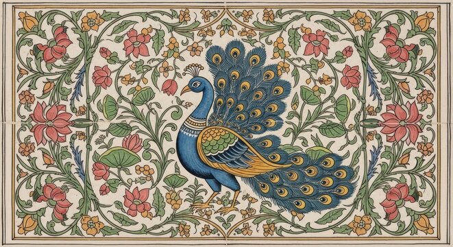 Exquisite Peacock Amidst Floral Flourishes in Traditional Indian Art Style.