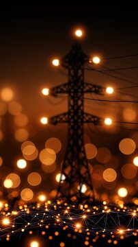 Abstract energy and utilities background featuring a silhouetted power transmission tower, glowing orange lights, and a connected network of illuminated lines with copy space for text.