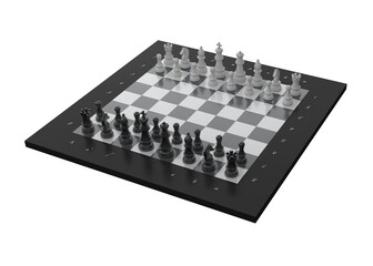 Chessboard with complete set of pieces in starting position, classic strategy game symbolizing planning, tactics, competition and intellectual challenge. © igor.nayda