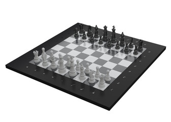 Chessboard with complete set of pieces in starting position, classic strategy game symbolizing planning, tactics, competition and intellectual challenge. © igor.nayda