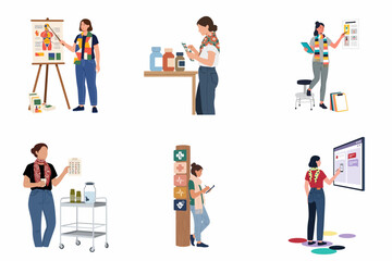Fototapeta premium Comprehensive healthcare and medical professional character set featuring a medical lecturer, clinical pharmacist, nurse with equipment trolley, and digital health technology interface user.
