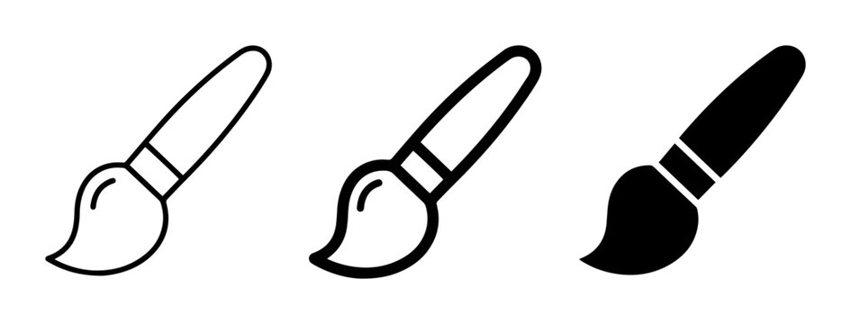 Paintbrush Icons, Art Tools Set: Line Art, Outline, Solid Black Styles