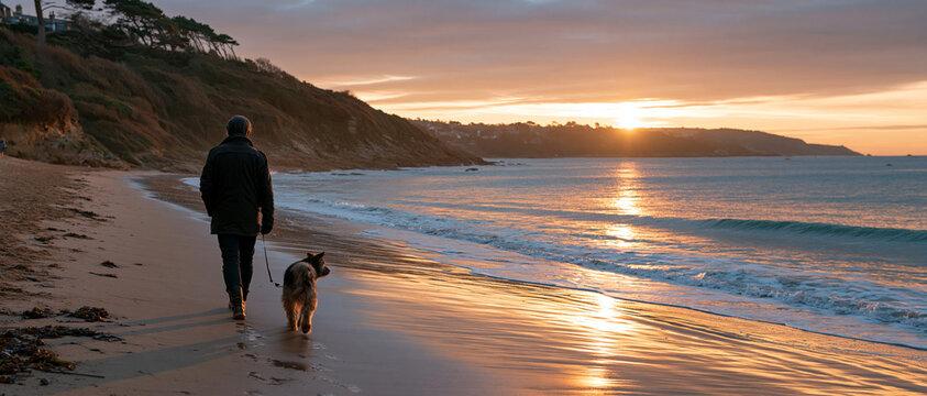 A person and their dog walking along a tranquil beach at sunset, with calm waves gently lapping the shore and a warm golden glow reflecting on the wet sand